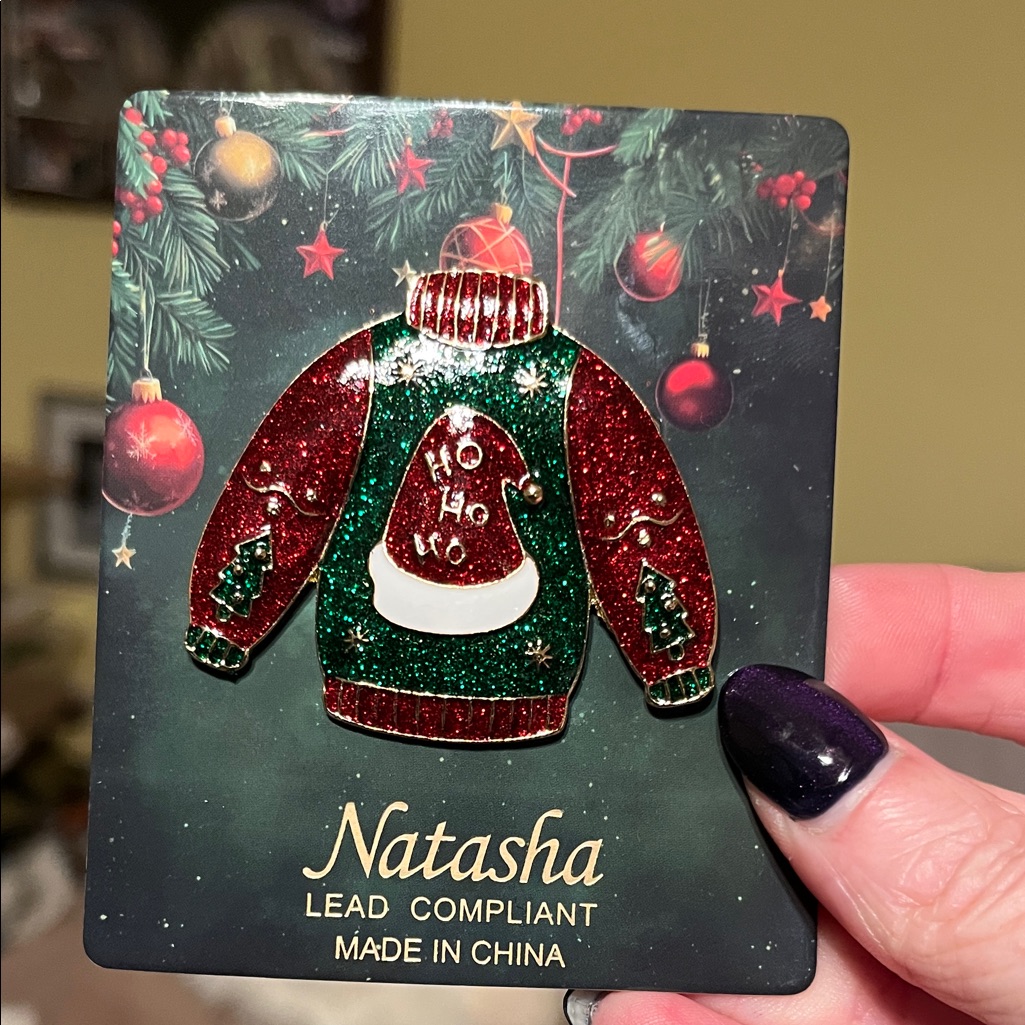 New Natasha Festive Holiday Ugly Sweater Brooch Red And Green Hohoho Hat 28$